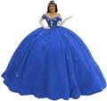 Navy blue off-the-shoulder ball gown with sequin embellishments and silver gemstone details - Royal Blue Trailing