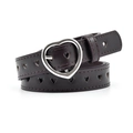 Detail of dark brown leather belt featuring heart-shaped hollow patterns and silver buckle - Coffee