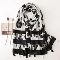 Leopard print and black-white striped cotton scarf with trendy fringe tassel details - Black White Leopard Stripe Tassel