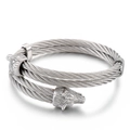Rugged silver stainless steel cable bracelet featuring detailed double wolf heads for men - Steel Color (KB154186-KFC)