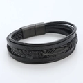 Pulsera multicapa de cuero trenzado negro con dije de pluma y cierre magnético - Negro + Negro Mate
