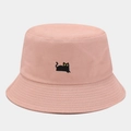 Pink cotton bucket hat featuring a cute black cat embroidery on a plain white background - Pink