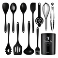 12-piece black silicone kitchen utensil set with stainless steel accents and storage bucket - 12pcs Set / Black