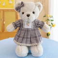 Pastoral teddy bear in cream plush with brown checkered dress and rose embroidery - Brown Couple Bear Female / 40 cm