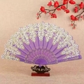 Elegant purple Chinese folding fan with gold lace patterns on decorative wood stand - Standard Type / Purple