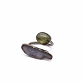 Vintage open ring with polished green oval stone and raw purple crystal gemstone - Style 3 (Green Purple Raw Stone)