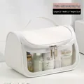 White frosted large PVC makeup bag with Beautiful Life print and clear window - White PU