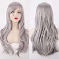 Peluca cosplay larga rizada gris plata 70cm con flequillo vista frontal y trasera - Gris Plata
