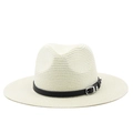 Chapeau fedora en paille crème classique avec bande en cuir noir et boucle en métal - Crème