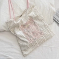 French retro pearly canvas tote bag with pink lace floral pocket and slim straps - Pink Lace + White Velvet