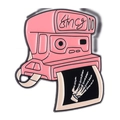 Pink retro camera enamel pin featuring a skeletal hand photo Halloween badge accessory - Retro Pink Camera X-Ray (xz7767)