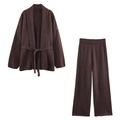 Conjunto de punto marrón para mujer con cárdigan con cinturón y pantalones de pierna ancha - S / Top y Pantalones / Marrón Oscuro