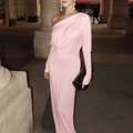 Detailed view of the elegant asymmetric shoulder and ruched waist of this pink slim maxi dress - Pink / S