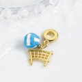 Detailed close-up of golden volleyball and net charm with blue enamel for bracelets - Blue and White Volleyball Style (ZYN-DMK940G-2)