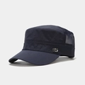 Detail of navy military flat top cap featuring breathable mesh and silver 95 emblem - Navy Blue