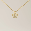 Golden clover pendant necklace with white shell R letter and beaded edge texture - Letter R
