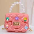 Pink mini jelly crossbody bag with pearl handle and colorful DIY charms for kids - With Random Patches / Pink