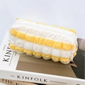 Macro detail of puffy yellow and white striped pencil case on Kinfolk magazines - Patchwork Yellow