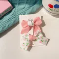 Pink solid and floral cotton bow hair clips set for little girls on card - Pink Patchwork Bow Set