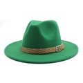 Close-up of green wool fedora hat with brown braided band and silver metal buckle - M (56-58cm) / Grass Green