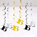 Set of 6 metallic black gold and silver PVC hanging swirls for 16th birthday party - 16 Years Old / Gold/Silver/Black