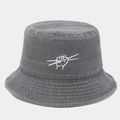 Close-up of embroidered fist gesture on vintage washed cotton grey bucket hat - M (56-58cm) / Gray