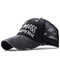 Close-up of distressed brim and embroidery on black ponytail mesh baseball cap - Black with Black Mesh mess doing my best(08)