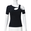 Detail of cutout shoulder design on a black contrast-trim slim fit short sleeve top - S / Black