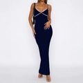 Y2K dark blue bodycon maxi dress with spaghetti straps and white lace trim detail - S / Navy Blue