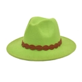 Detail of lime green wool felt jazz hat featuring a brown braided leather band - M (56-58cm) / Fruit Green