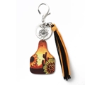 Western style sunflower keychain with leather cattle tag and black-yellow fringe tassels - 7 Sunset Cactus