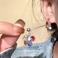 Silver needle stud earrings featuring colorful crystal beaded pendants in a vibrant tassel style - Multi-color Round Beads Studs (75#)