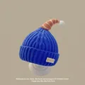 Royal blue knitted warm winter hat for kids with pompom and striped ear protection - Christmas Horn Hat Blue (for 2 Months To 2 Years Old)