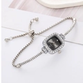 Women's quartz wrist watch with square dark grey dial and adjustable diamond bracelet - Black
