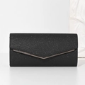 Sparkly black envelope evening clutch with elegant gold V-shaped metal trim detail - Black