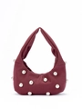 Chic burgundy crescent bag in velvet with white pearl studs and elegant shoulder strap - Burgundy