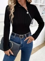 Haut en maille côtelée pour femme avec fermeture éclair asymétrique et pendentif cœur - S / Noir