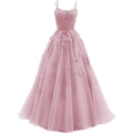 Pink A-line tulle evening gown with spaghetti straps and floral lace embroidery - US size 2 / Bottoms / Dusty Pink