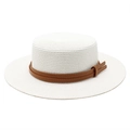 Flat top white boater hat with decorative brown leather belts for summer sun protection - White