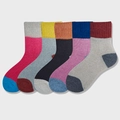 Five pairs of thick winter crew socks in assorted contrast colors and wool blend material - One Size / Women's Color Block Style