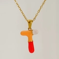 Colorful alphabet T pendant necklace in orange and red resin with gold chain - Orange Red White Enamel Letter T