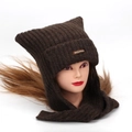 Warm brown knitted cat ear beanie hat with integrated scarf earflaps for winter wear - Dark Brown