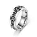 Close-up of industrial style titanium spinner ring with black chain inlay and silver finish - US 7 / Two-tone Silver Black