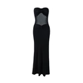Detail van zwarte strapless jurk met transparante mesh panelen en geplooide details - S / Zwart