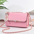 Pink woven shoulder bag with gold hardware and butterfly charm on marble surface - With Pendant / Large / Pink