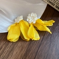 Detailed shot of yellow silk petal tassel earrings with a white floral resin stud base - Petal Style (20#) / 925 Silver Needle / Yellow