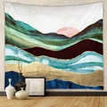 Detail of abstract landscape tapestry with green mountains and golden foil line accents - Abstract Gold Foil Green Mountain Sunrise (GT428-36)