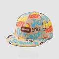Kids khaki flat brim baseball cap with colorful graffiti and brown leather patch - SMILE Print / Khaki Flat Brim