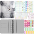 Set de budget A6 argent laser avec texture puzzle, enveloppes zippées et autocollants - Ensemble Complet Classeur de Budget (Incl. Pochettes Zippées/Cartes/Autocollants) / Dégradé Gris Noir