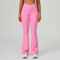 Pink high-waisted flared yoga pants with crossover V-waist design and side pockets - S / Rose Pink